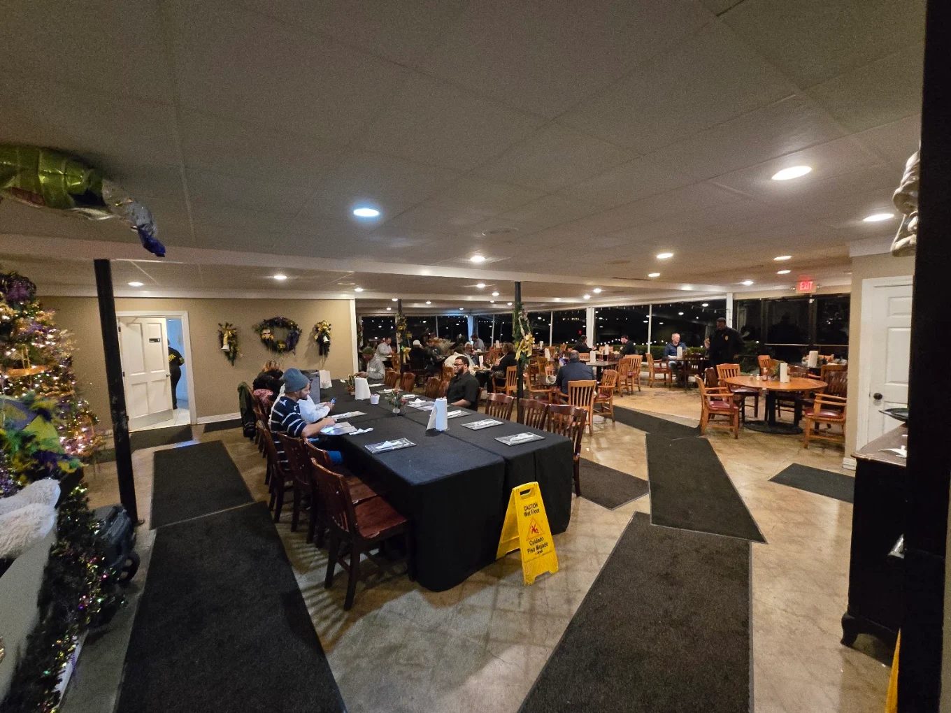 Orlandeaux's Café dining room, decorated for Mardi Gras season
